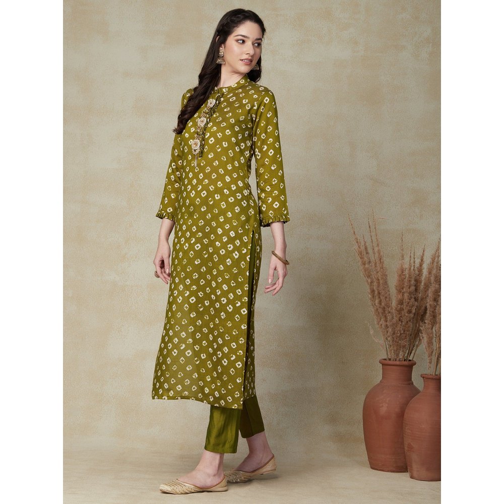 FASHOR Bandhani Printed Kurta with Pants - Olive Green (Set of 2)