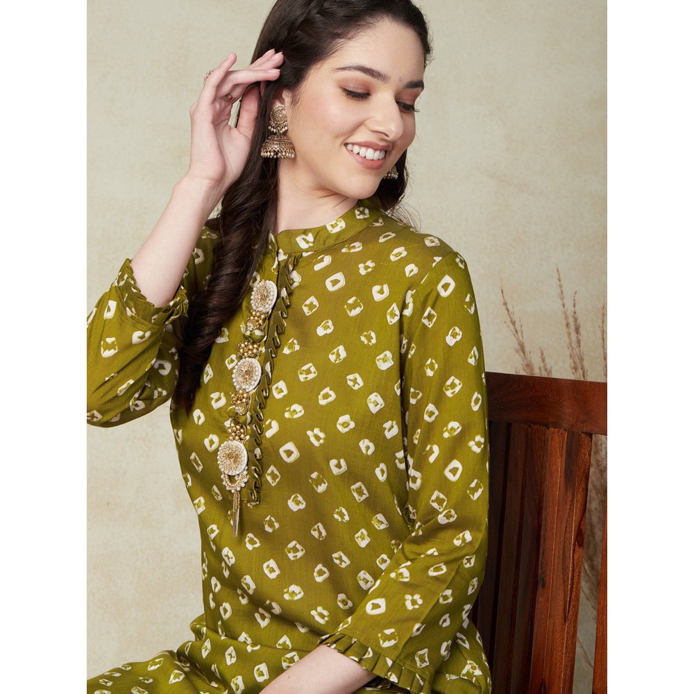 FASHOR Bandhani Printed Kurta with Pants - Olive Green (Set of 2)