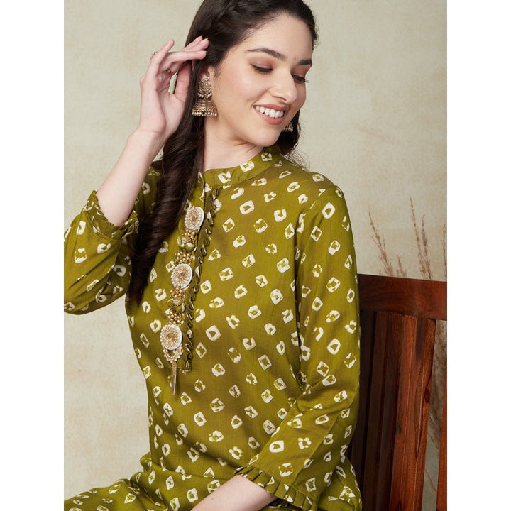 FASHOR Bandhani Printed Kurta with Pants - Olive Green (Set of 2)