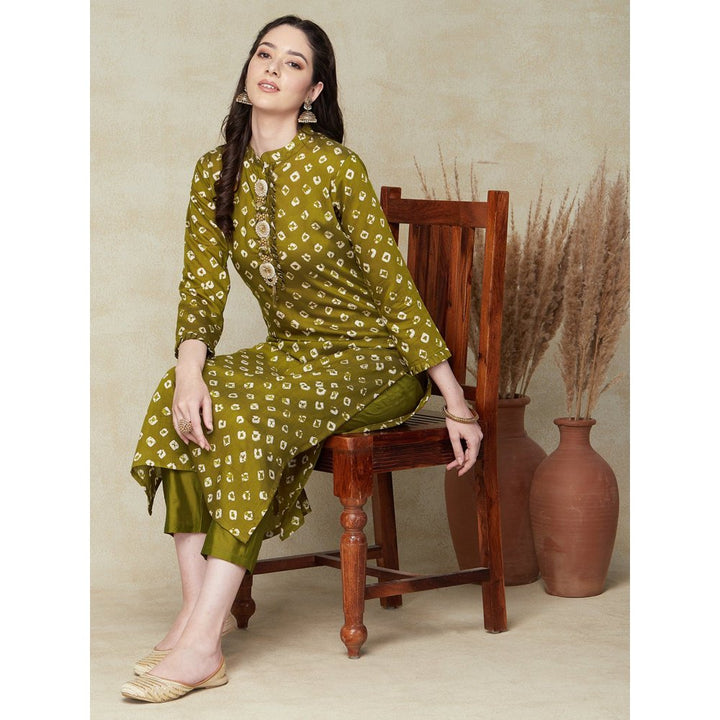 FASHOR Bandhani Printed Kurta with Pants - Olive Green (Set of 2)