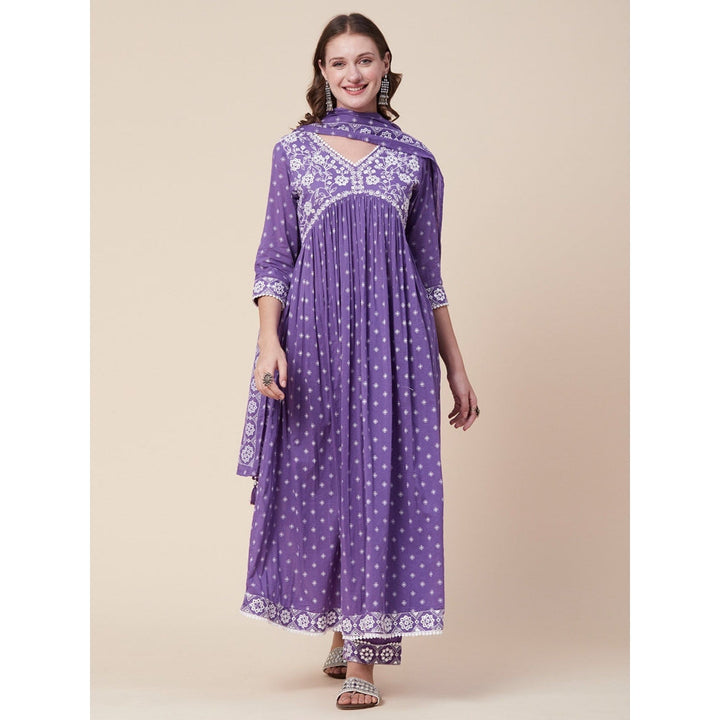 FASHOR Printed Kurta with Pants & Dupatta - Purple (Set of 3)