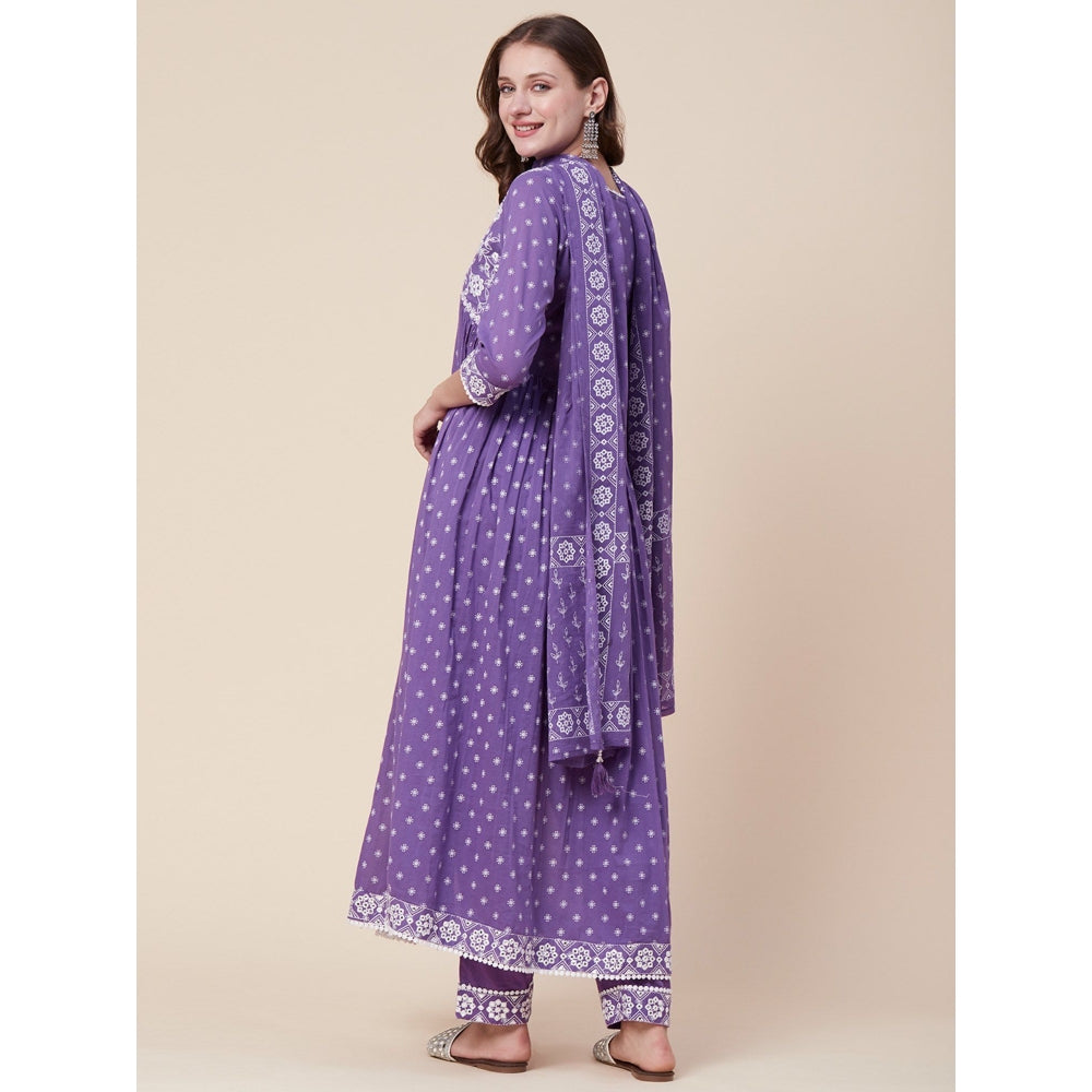 FASHOR Printed Kurta with Pants & Dupatta - Purple (Set of 3)