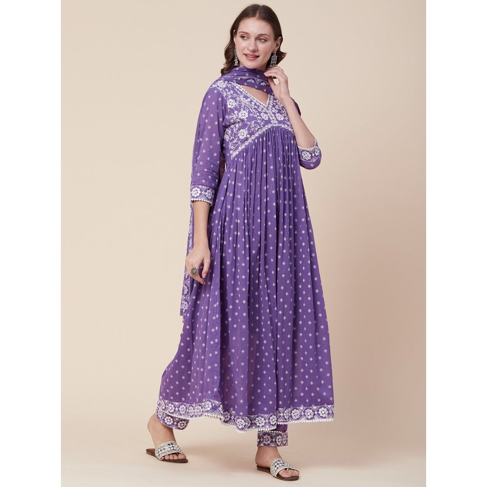 FASHOR Printed Kurta with Pants & Dupatta - Purple (Set of 3)