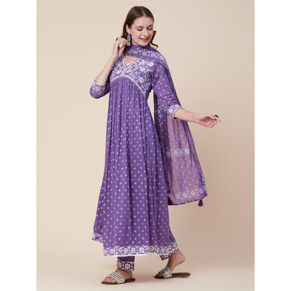 FASHOR Printed Kurta with Pants & Dupatta - Purple (Set of 3)