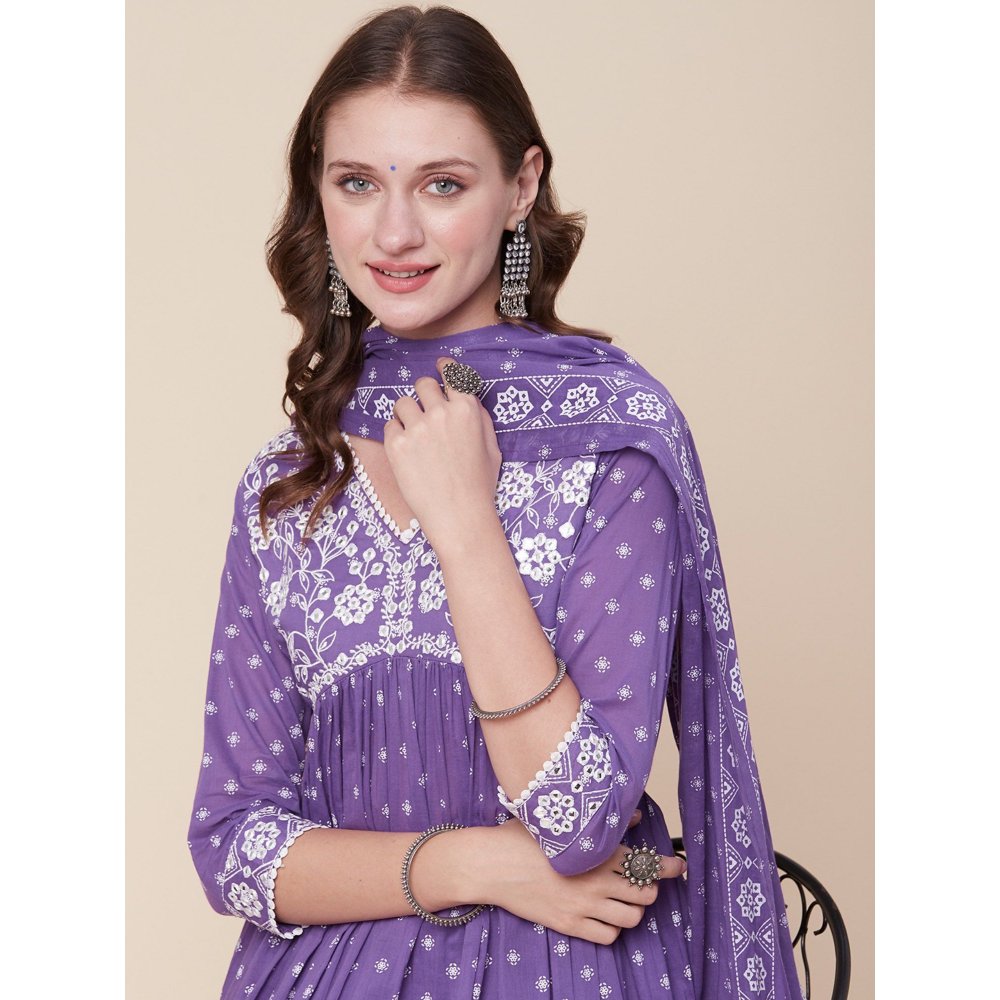 FASHOR Printed Kurta with Pants & Dupatta - Purple (Set of 3)