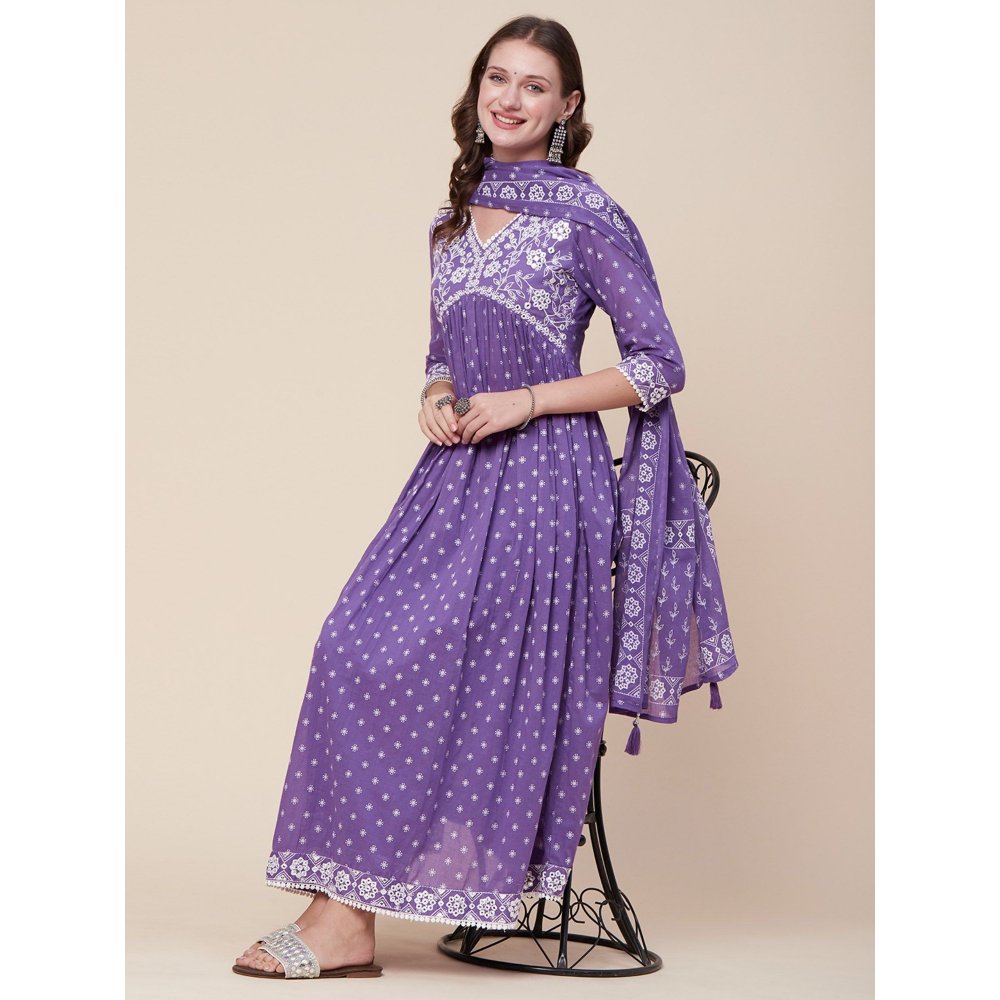 FASHOR Printed Kurta with Pants & Dupatta - Purple (Set of 3)