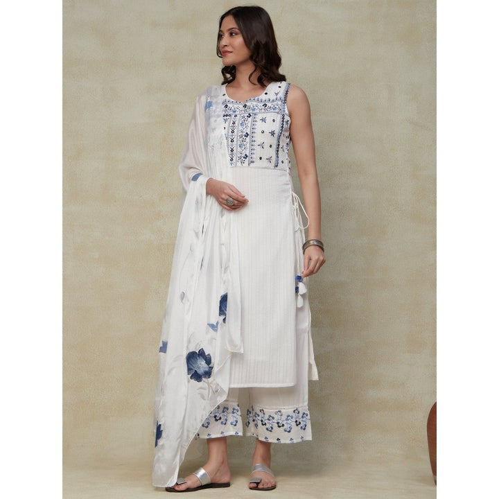 FASHOR Embroidered Kurta with Palazzo & Dupatta - White (Set of 3)