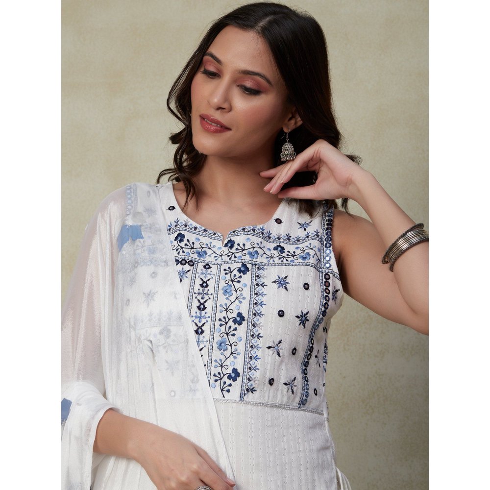 FASHOR Embroidered Kurta with Palazzo & Dupatta - White (Set of 3)