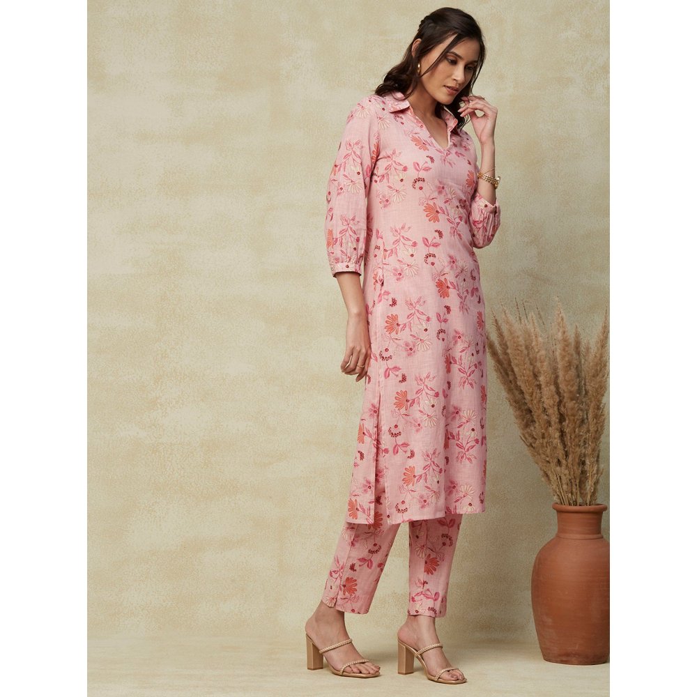 FASHOR Printed Kurta with Matching Pants - Pink (Set of 2)