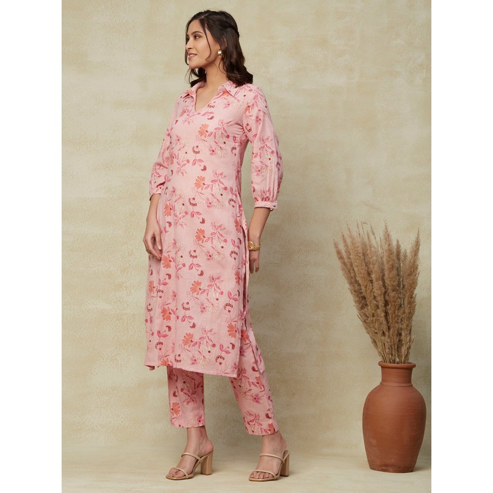 FASHOR Printed Kurta with Matching Pants - Pink (Set of 2)