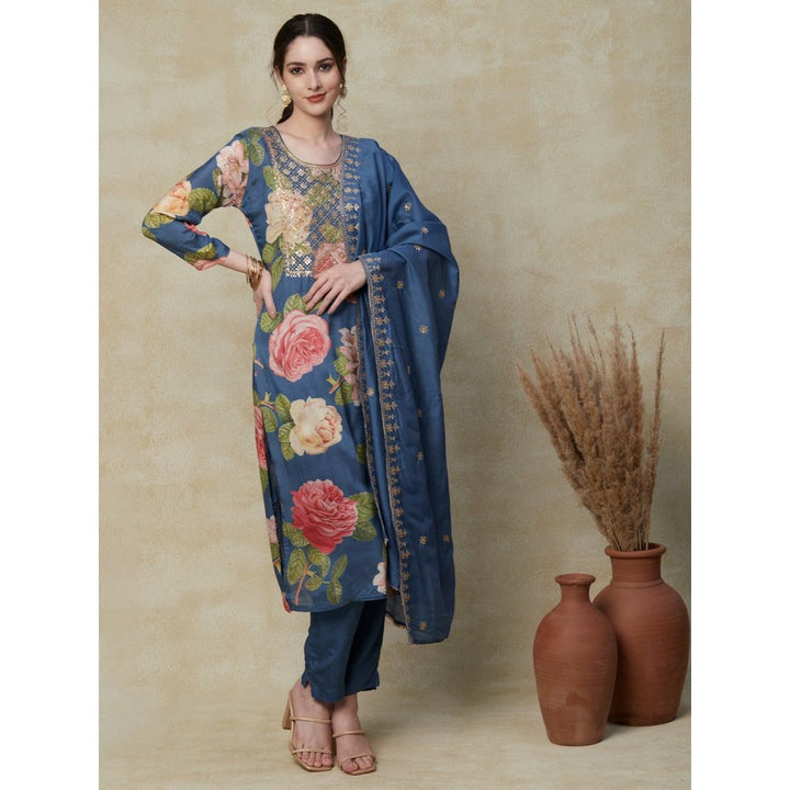 FASHOR Printed Kurta with Pants & Dupatta - Blue (Set of 3)