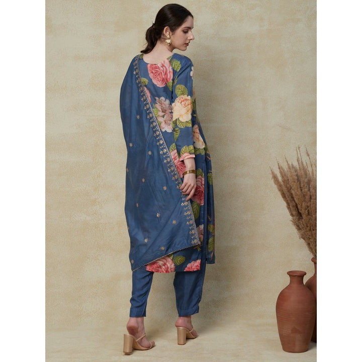 FASHOR Printed Kurta with Pants & Dupatta - Blue (Set of 3)