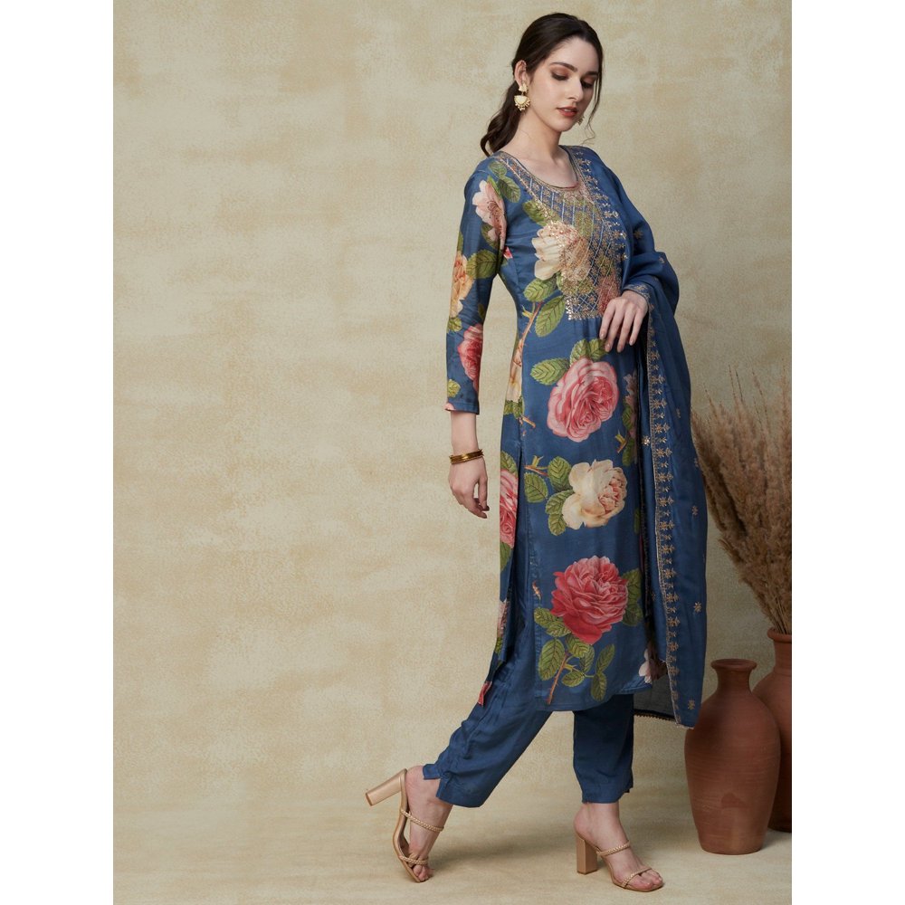 FASHOR Printed Kurta with Pants & Dupatta - Blue (Set of 3)