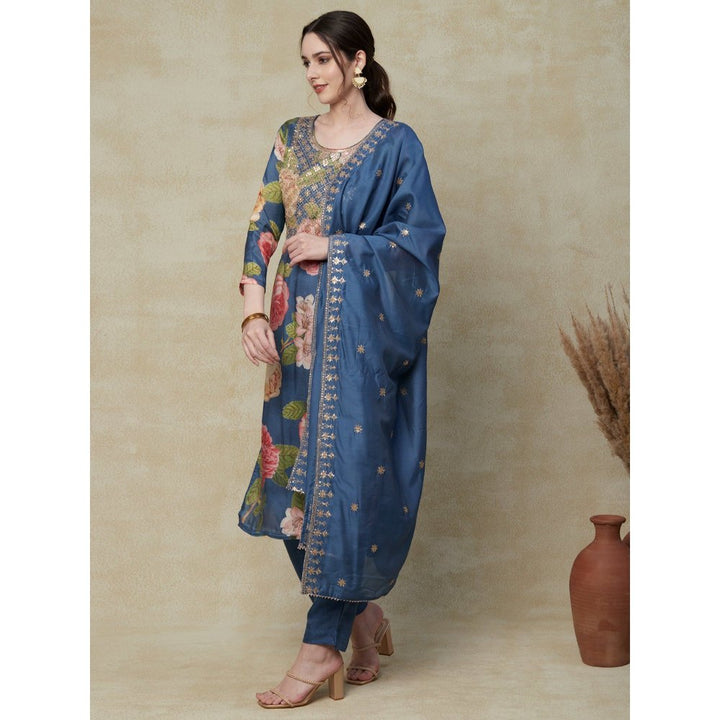 FASHOR Printed Kurta with Pants & Dupatta - Blue (Set of 3)