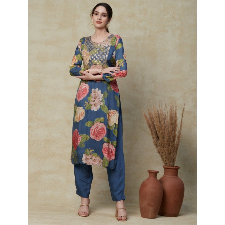 FASHOR Printed Kurta with Pants & Dupatta - Blue (Set of 3)