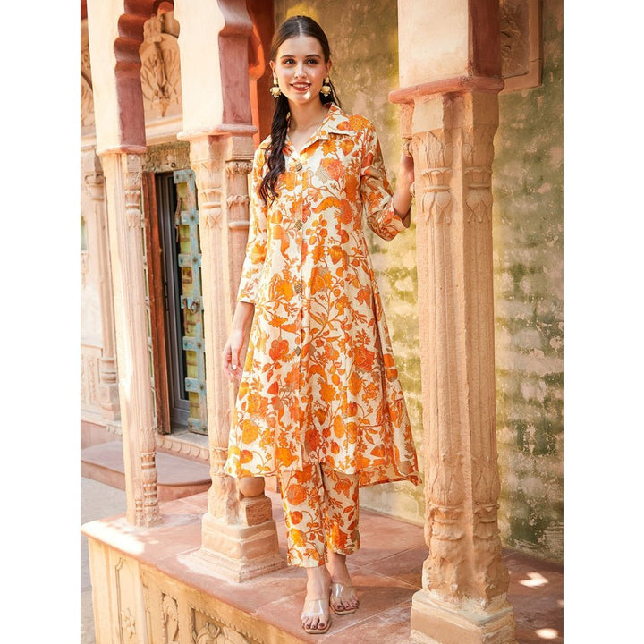 FASHOR Foil Printed Kurta with Pant - Orange & Beige (Set of 2)