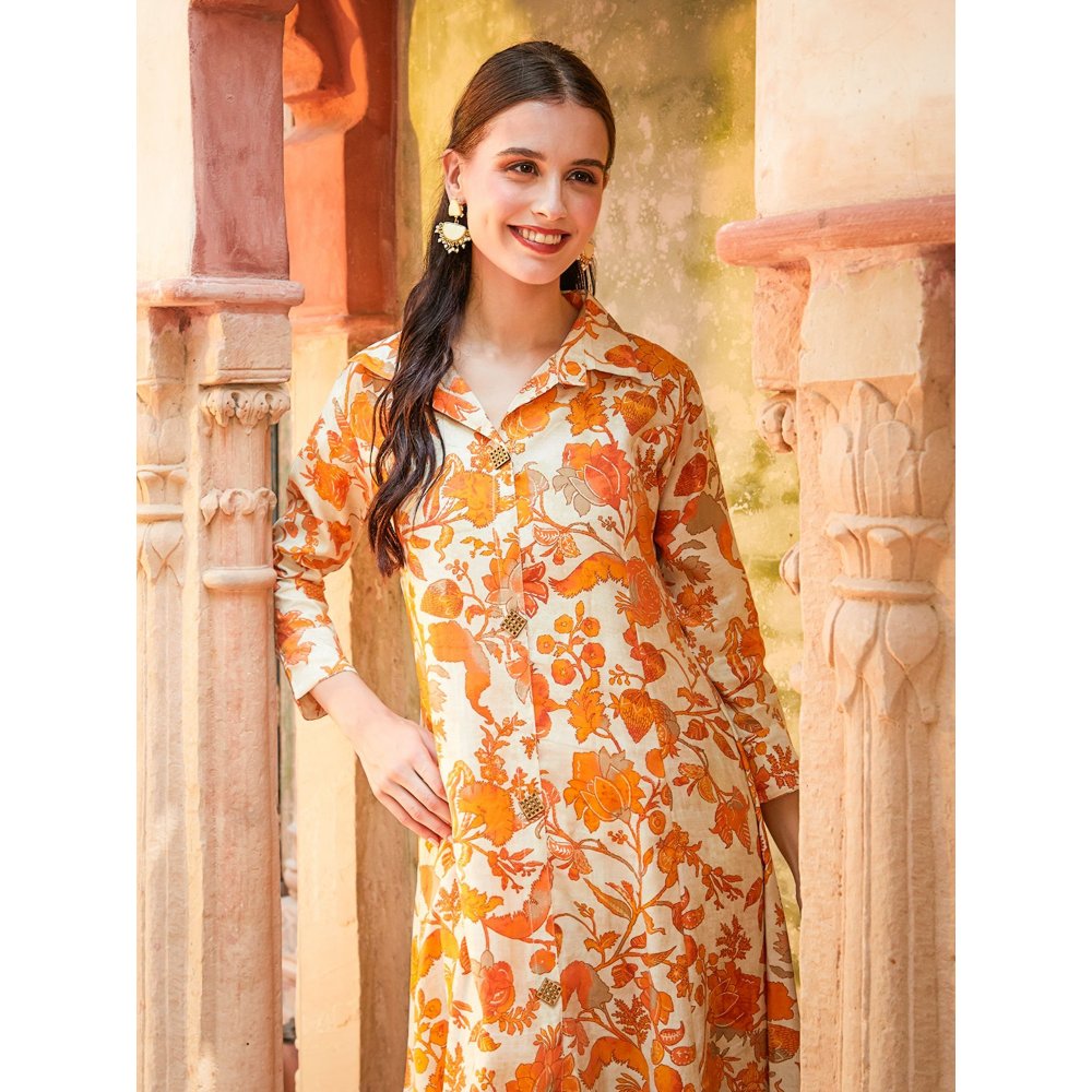 FASHOR Foil Printed Kurta with Pant - Orange & Beige (Set of 2)