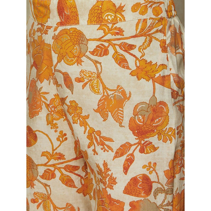 FASHOR Foil Printed Kurta with Pant - Orange & Beige (Set of 2)