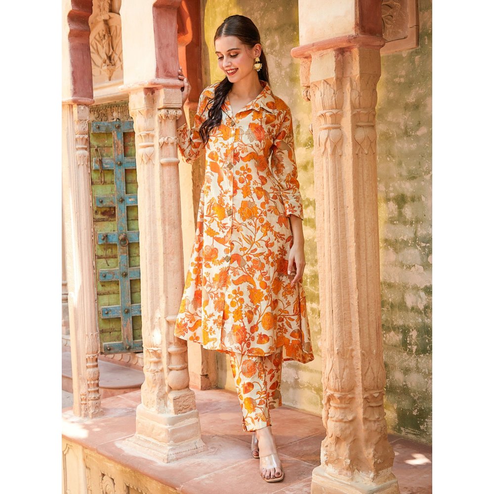 FASHOR Foil Printed Kurta with Pant - Orange & Beige (Set of 2)