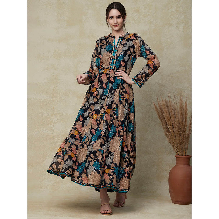 FASHOR Printed Resham & Cutdana Embroidered Dress with Attached Belt - Navy Blue