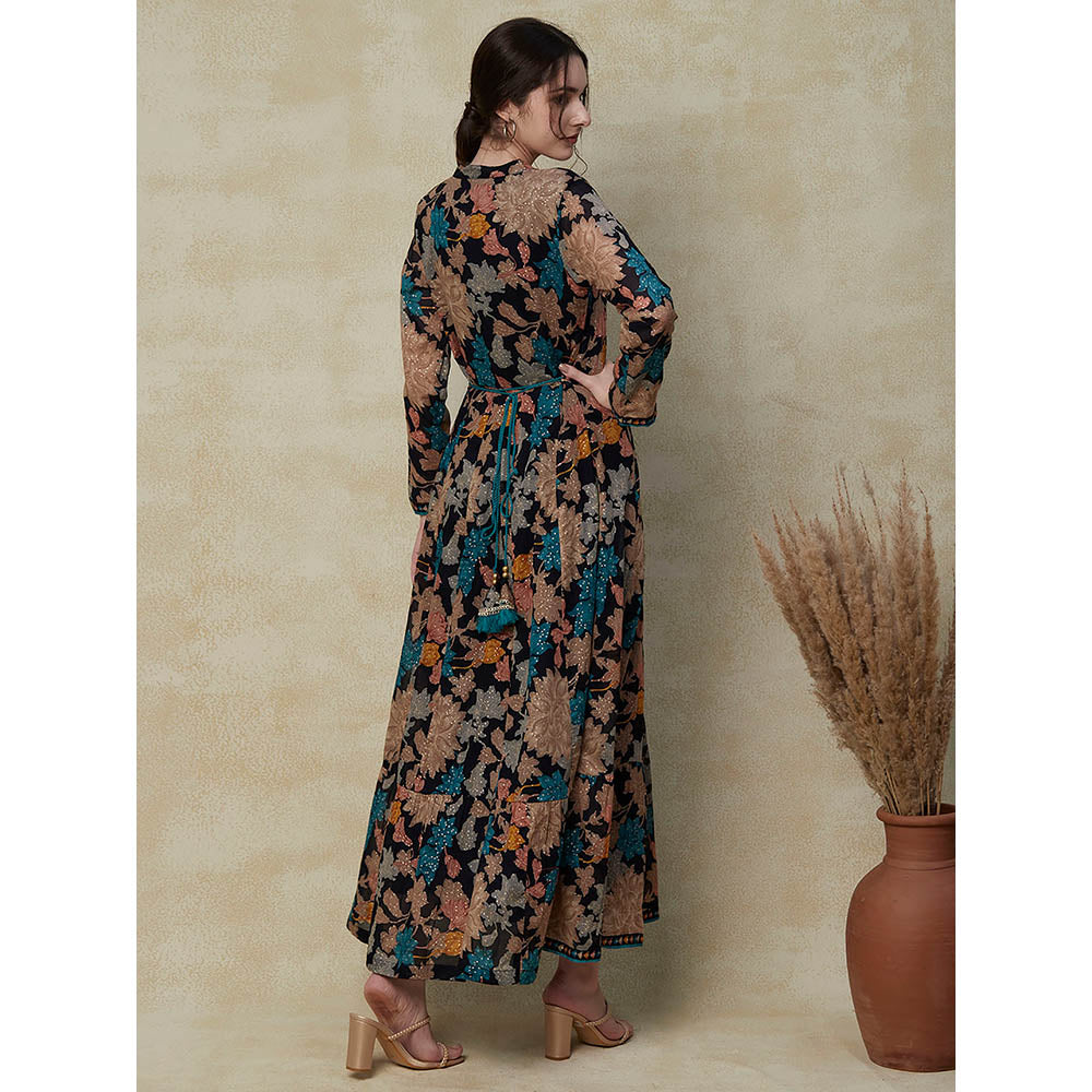 FASHOR Printed Resham & Cutdana Embroidered Dress with Attached Belt - Navy Blue