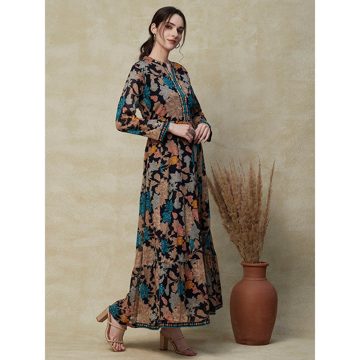 FASHOR Printed Resham & Cutdana Embroidered Dress with Attached Belt - Navy Blue