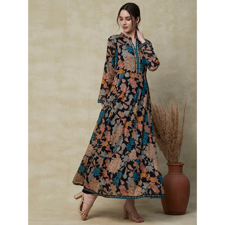 FASHOR Printed Resham & Cutdana Embroidered Dress with Attached Belt - Navy Blue