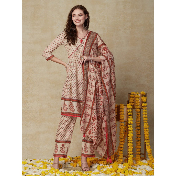 FASHOR Floral Printed Kurta with Pant and Dupatta - Beige (Set of 3)