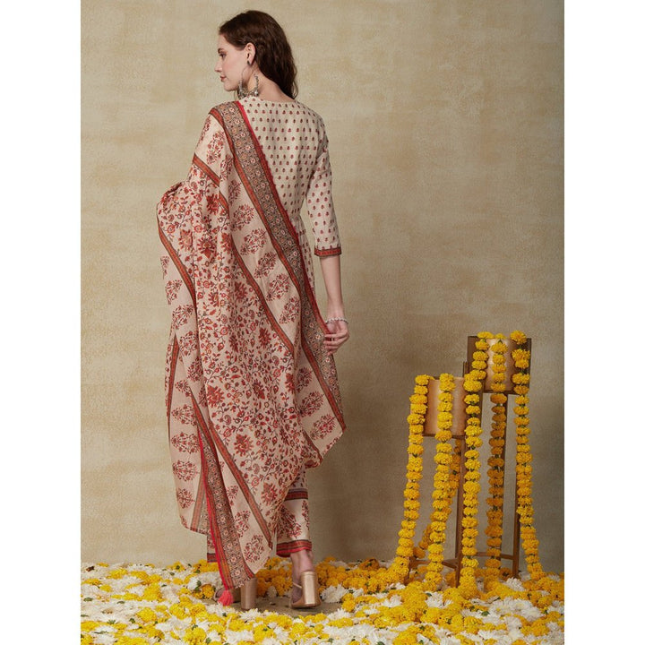 FASHOR Floral Printed Kurta with Pant and Dupatta - Beige (Set of 3)