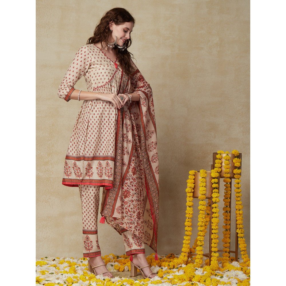 FASHOR Floral Printed Kurta with Pant and Dupatta - Beige (Set of 3)