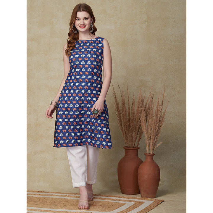 FASHOR Ethnic Animal Motif Printed Kurta - Blue