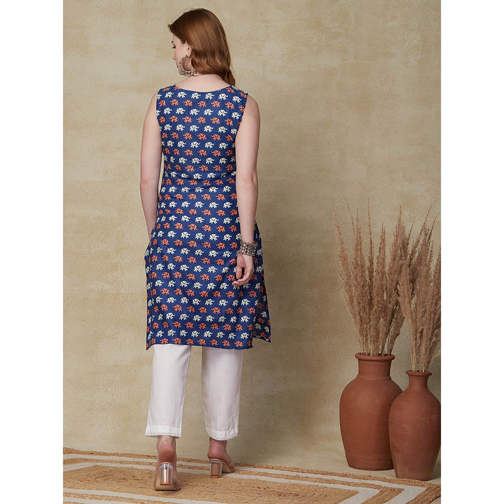 FASHOR Ethnic Animal Motif Printed Kurta - Blue