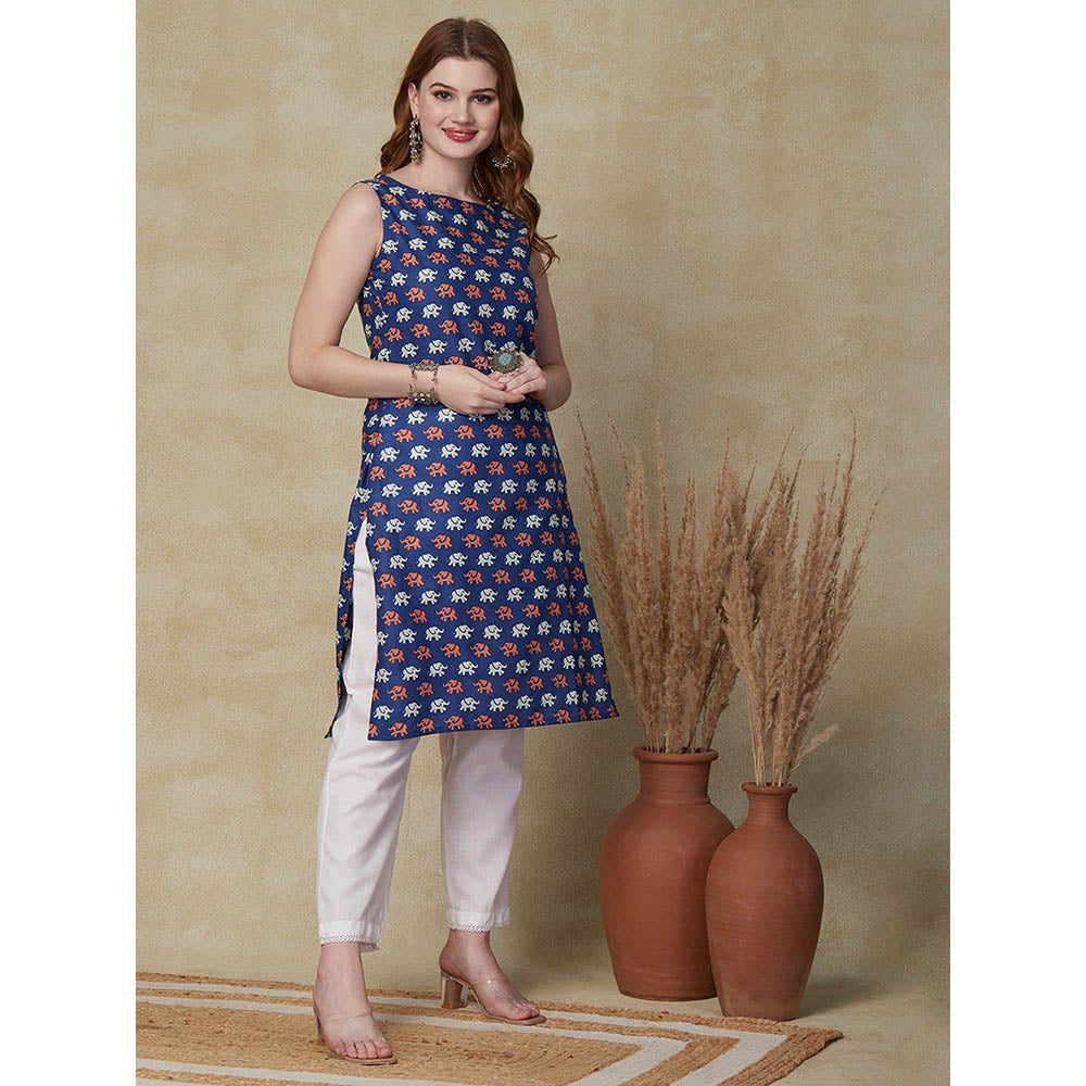 FASHOR Ethnic Animal Motif Printed Kurta - Blue