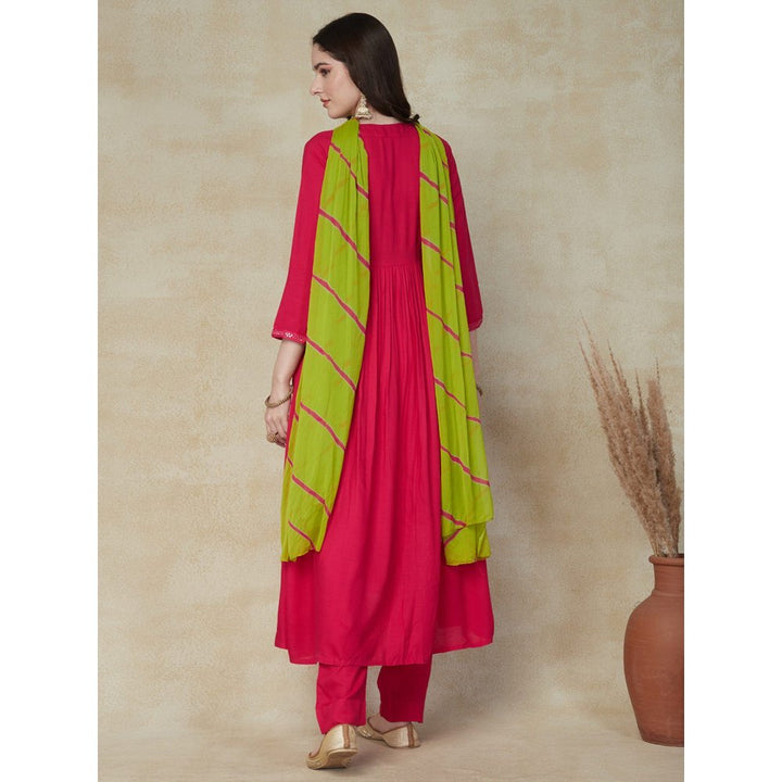 FASHOR Solid Sequin Embroidered A-Line Pleated Kurta with Pant & Dupatta Fuchsia (Set of 3)