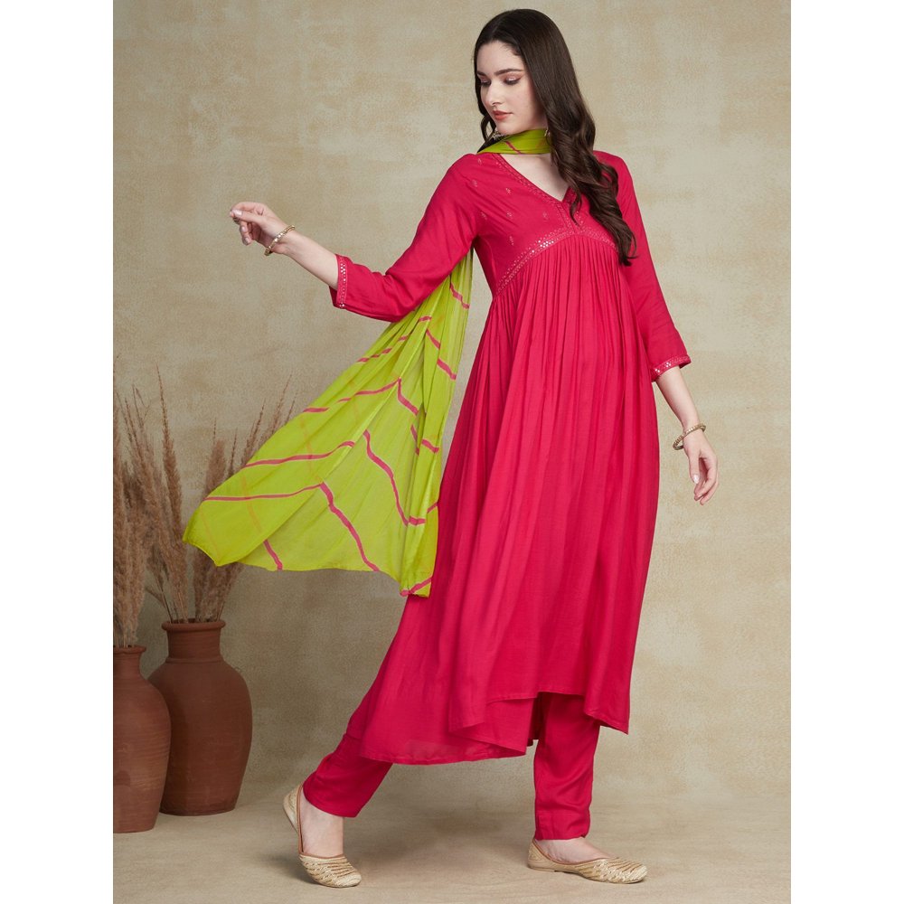 FASHOR Solid Sequin Embroidered A-Line Pleated Kurta with Pant & Dupatta Fuchsia (Set of 3)