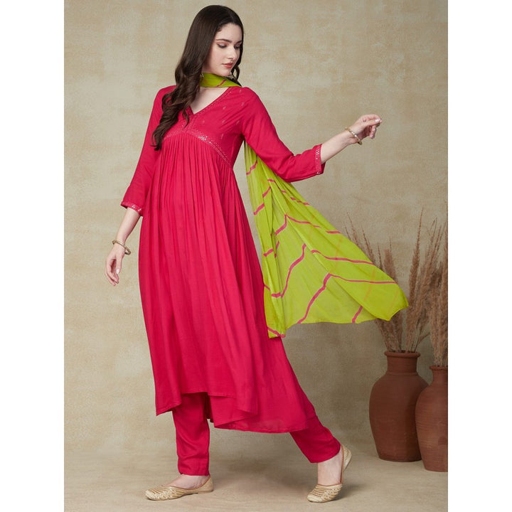 FASHOR Solid Sequin Embroidered A-Line Pleated Kurta with Pant & Dupatta Fuchsia (Set of 3)