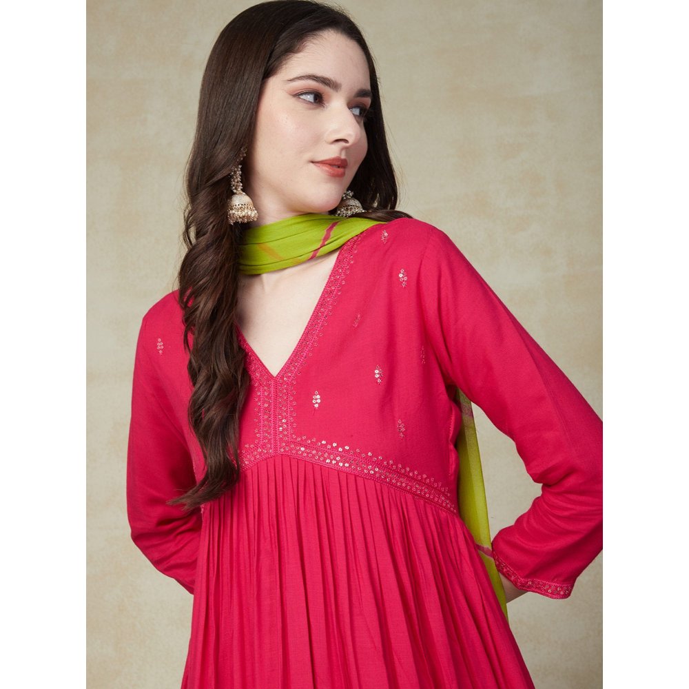 FASHOR Solid Sequin Embroidered A-Line Pleated Kurta with Pant & Dupatta Fuchsia (Set of 3)