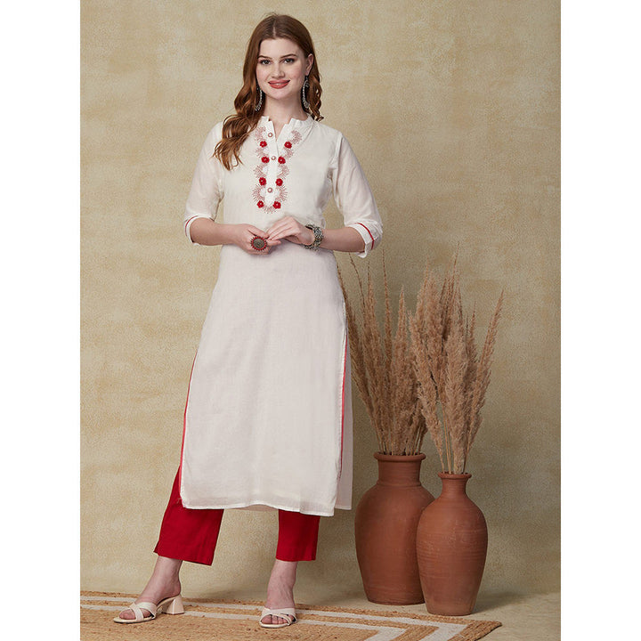 FASHOR Solid Beads & Resham Embroidered Kurta White