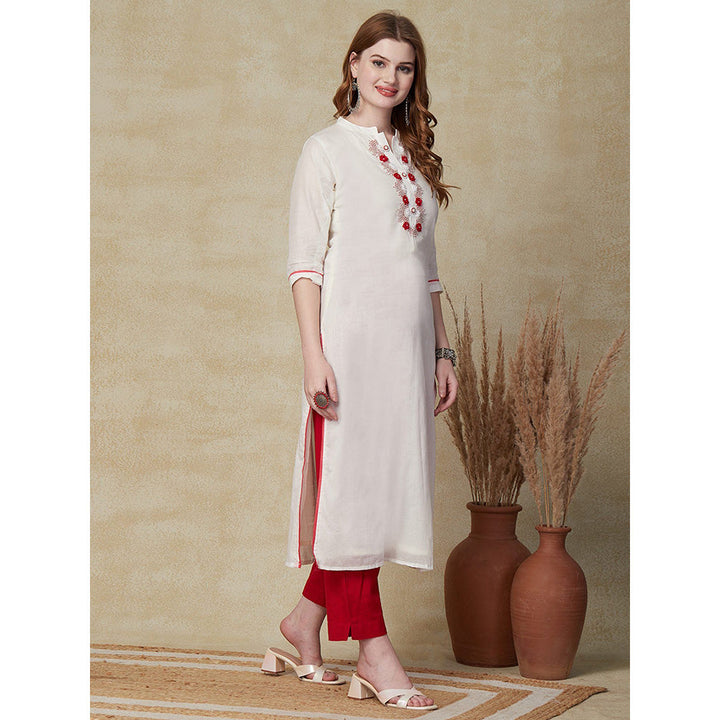 FASHOR Solid Beads & Resham Embroidered Kurta White