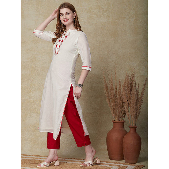 FASHOR Solid Beads & Resham Embroidered Kurta White