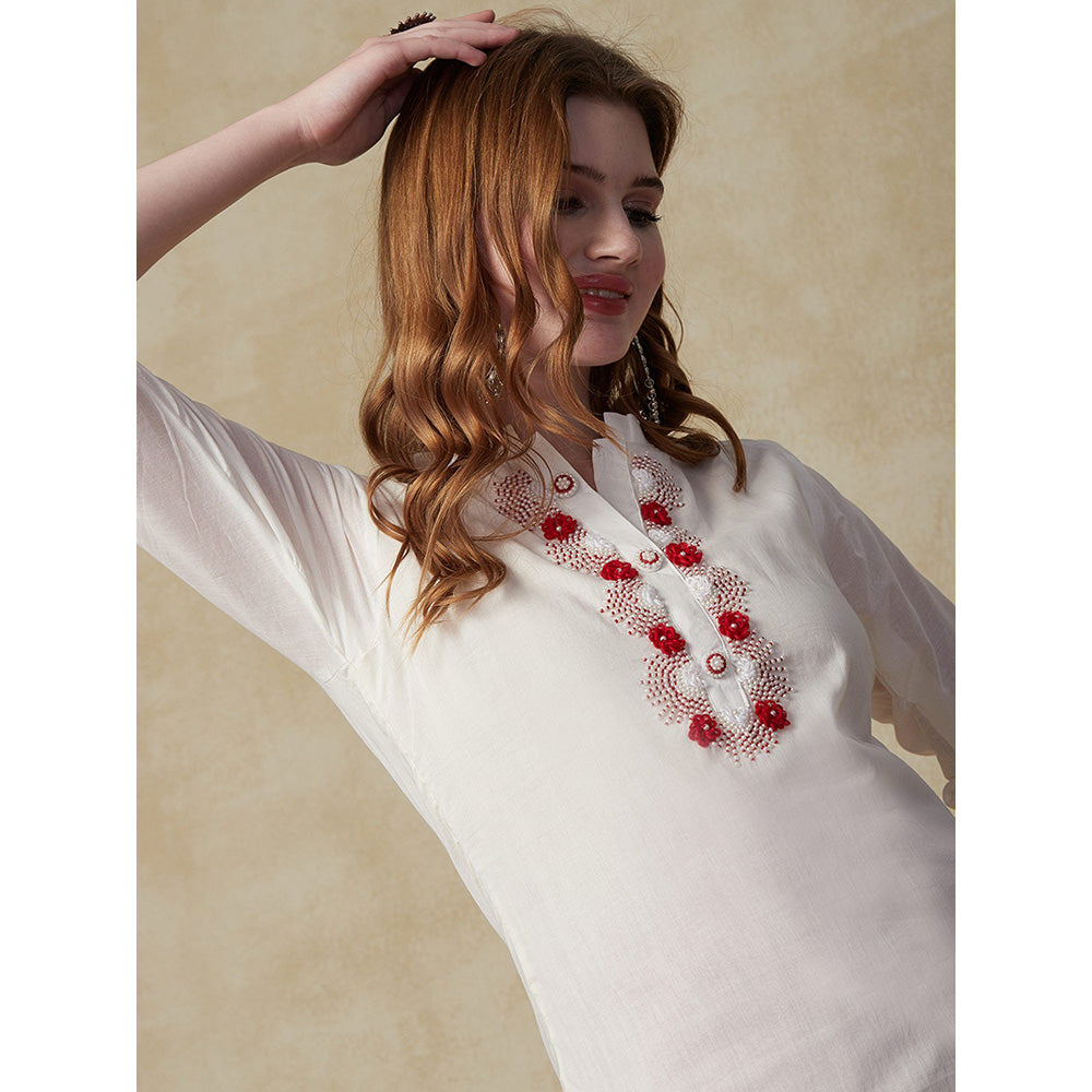 FASHOR Solid Beads & Resham Embroidered Kurta White