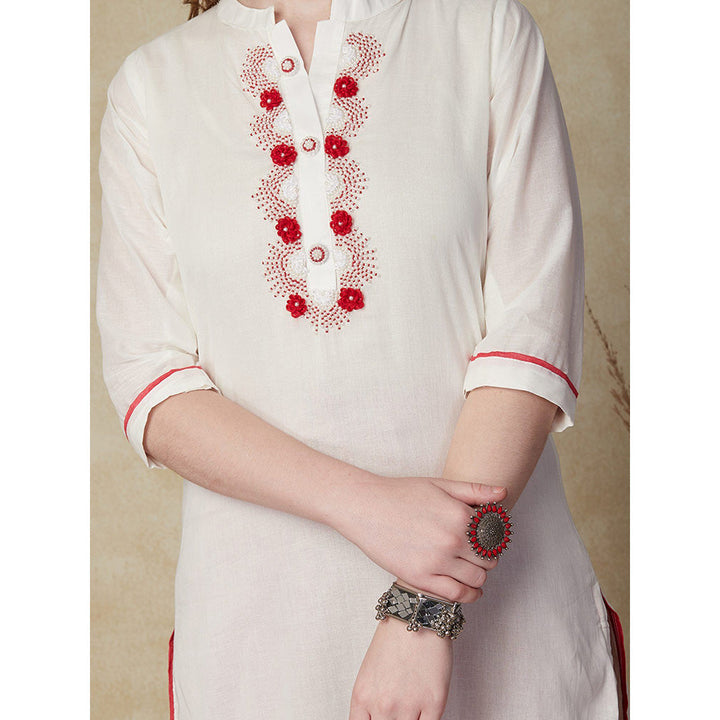 FASHOR Solid Beads & Resham Embroidered Kurta White