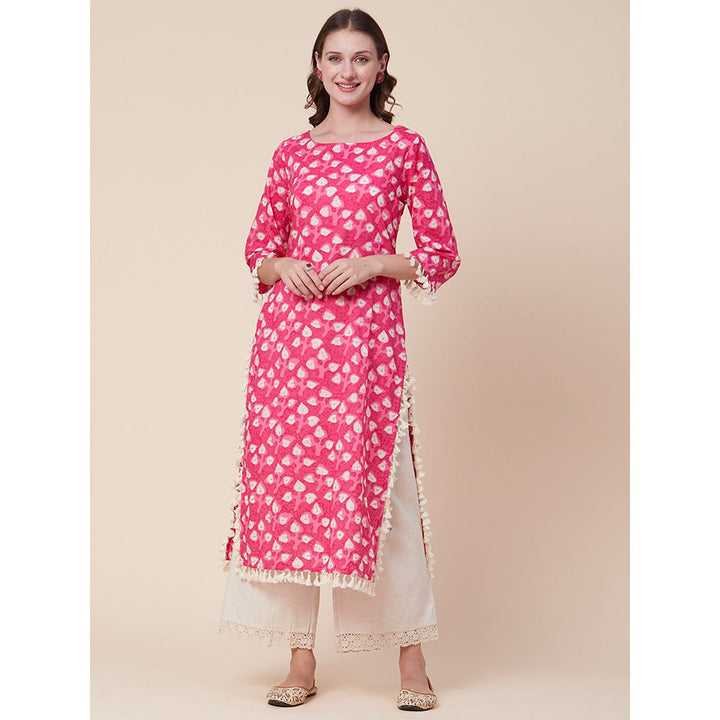 FASHOR Ethnic Foil Printed Tasseled Straight Fit Kurta Pink