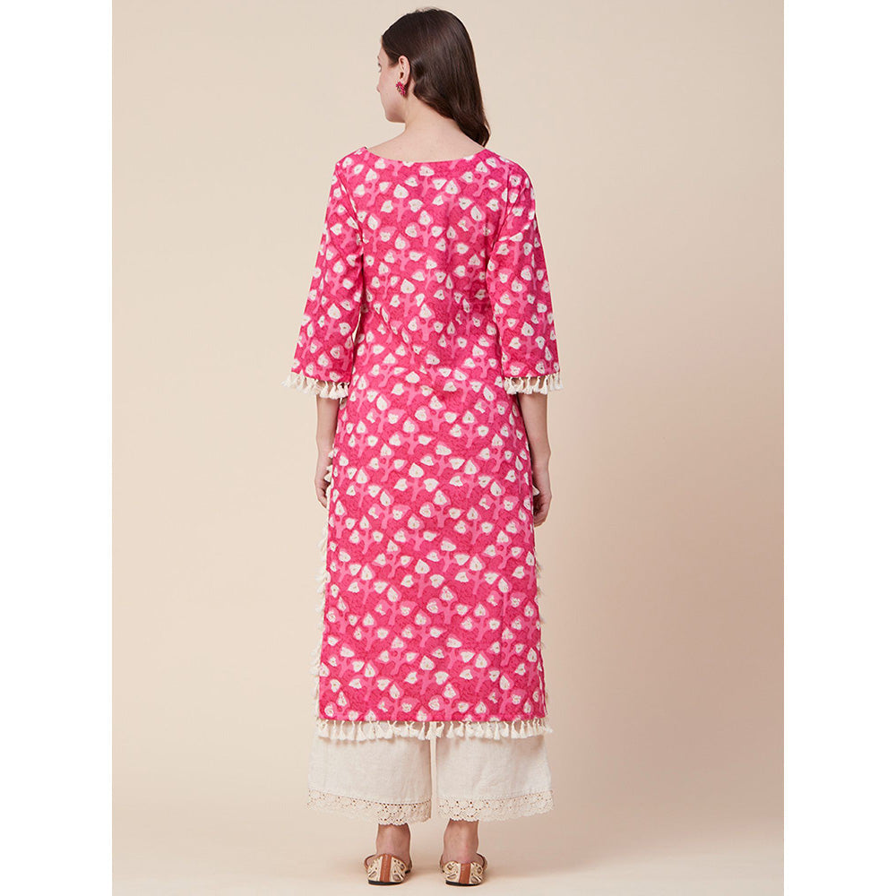 FASHOR Ethnic Foil Printed Tasseled Straight Fit Kurta Pink