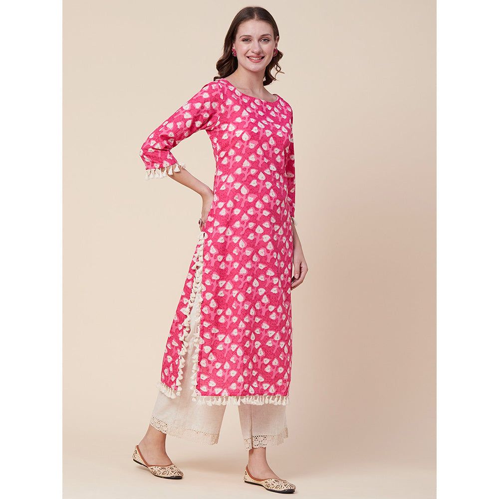 FASHOR Ethnic Foil Printed Tasseled Straight Fit Kurta Pink