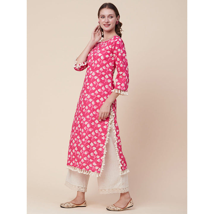 FASHOR Ethnic Foil Printed Tasseled Straight Fit Kurta Pink