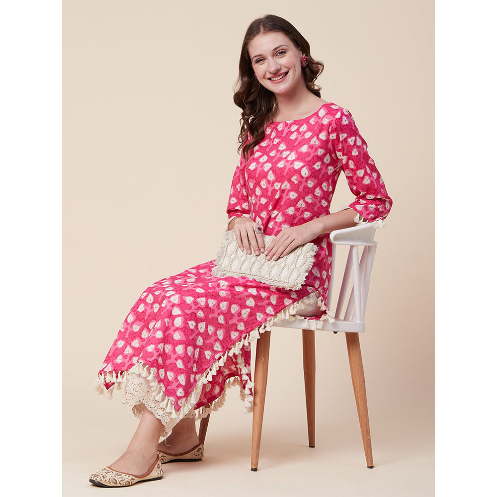 FASHOR Ethnic Foil Printed Tasseled Straight Fit Kurta Pink