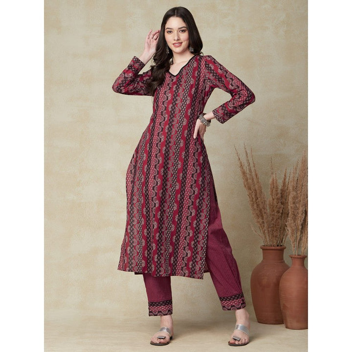 FASHOR Ethnic Stripes Printed Straight Fit Kurta with Pant Maroon (Set of 2)