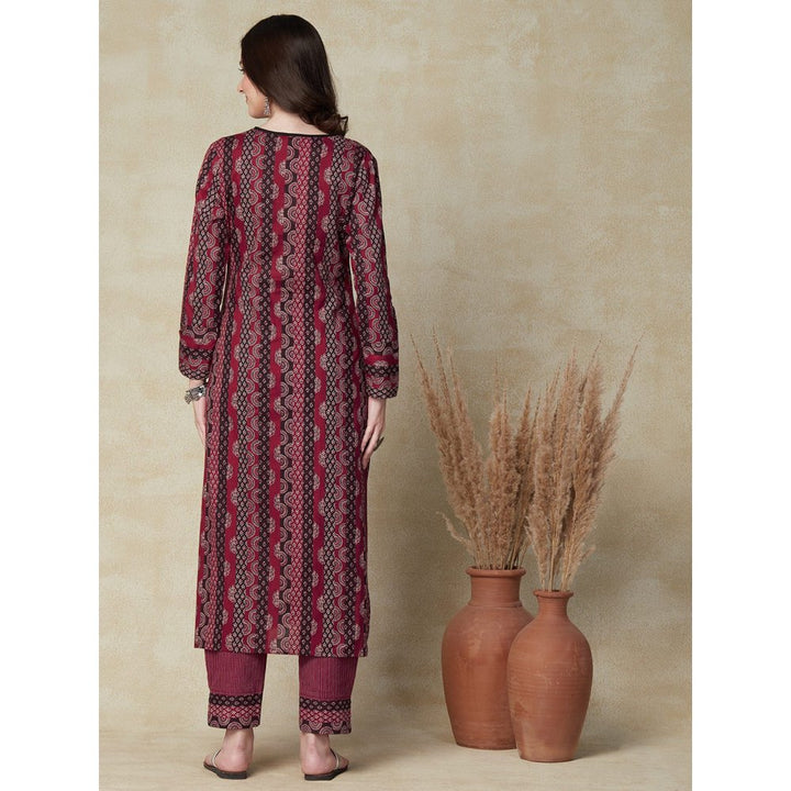 FASHOR Ethnic Stripes Printed Straight Fit Kurta with Pant Maroon (Set of 2)