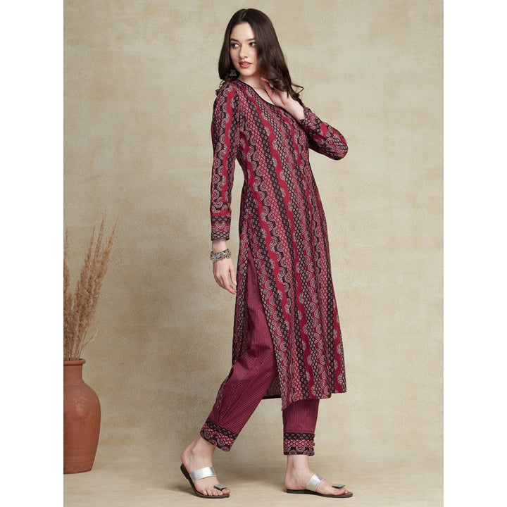 FASHOR Ethnic Stripes Printed Straight Fit Kurta with Pant Maroon (Set of 2)